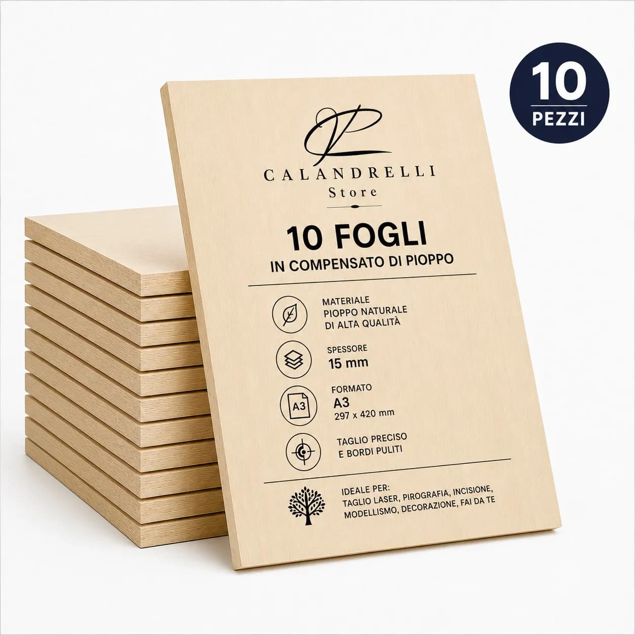 10 Fogli Compensato di Pioppo Sp. 15 mm – Pannelli in Legno per Taglio Laser, Pirografia, Incisione, Modellismo e Fai - 2