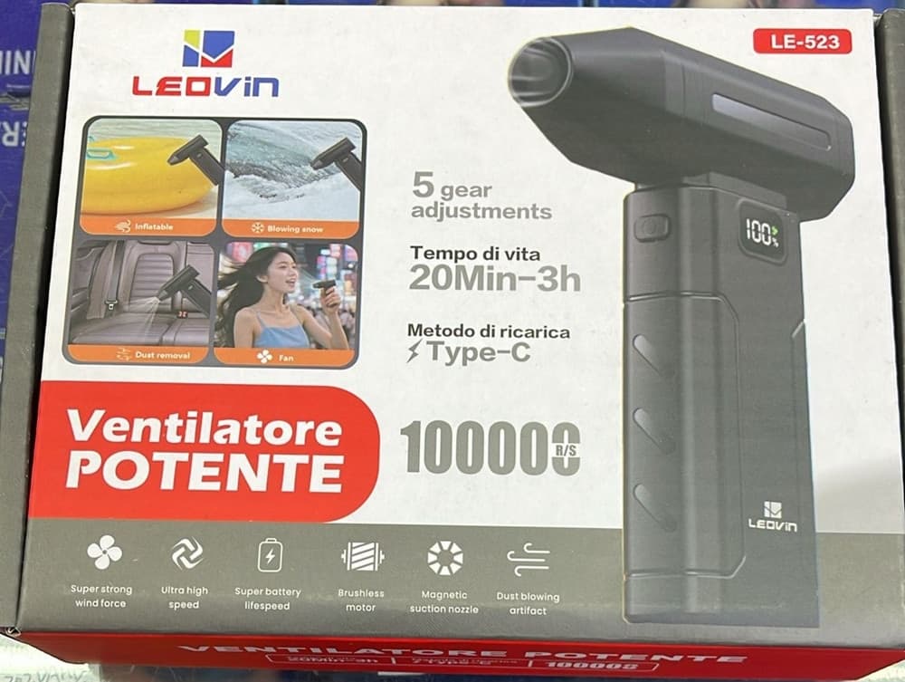 SOFFIATORE D'ARIA POTENTE ELETTRICO PORTATILE RICARICABILE 100000R/S CON 5 VELOCITÀ LE-523 - 2