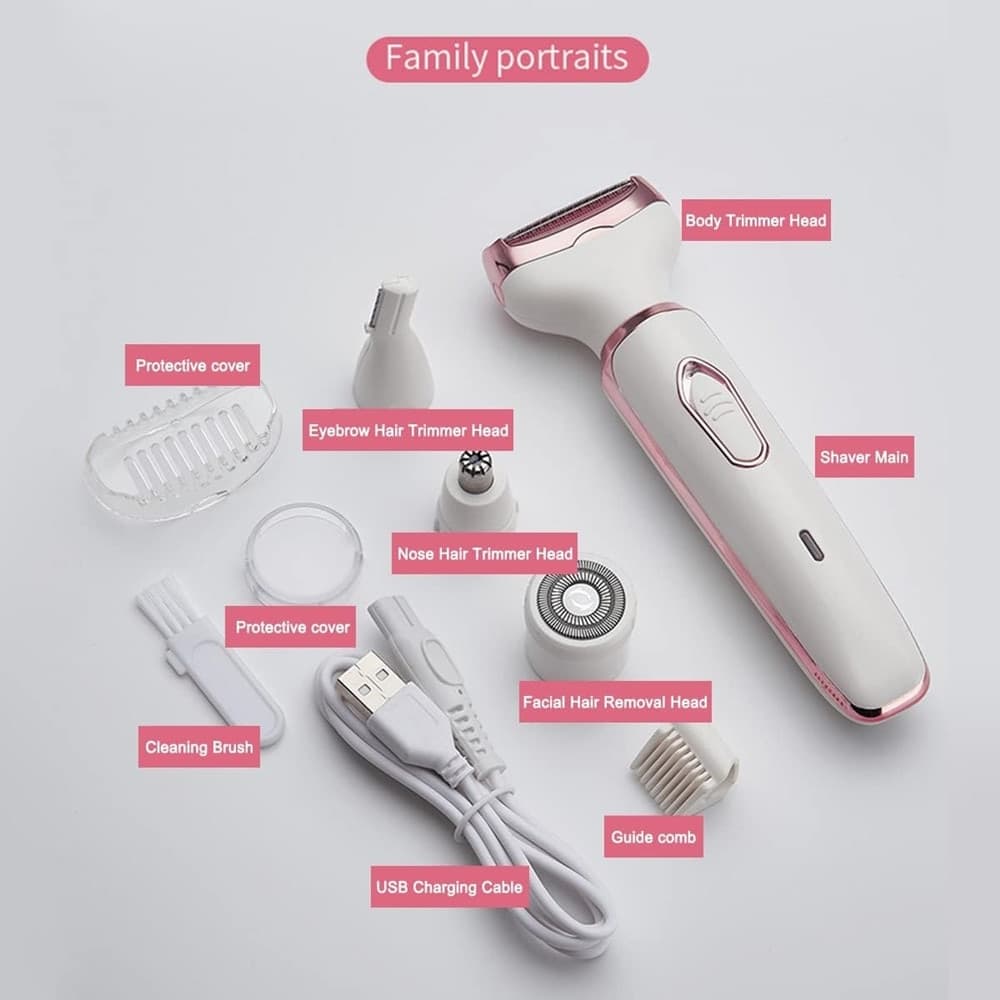 SET RASOIO ELETTRICO DA DONNA PER CORPO VISO NASO INDOLORE RICARICABILE PORTATILE 4IN1 - 6
