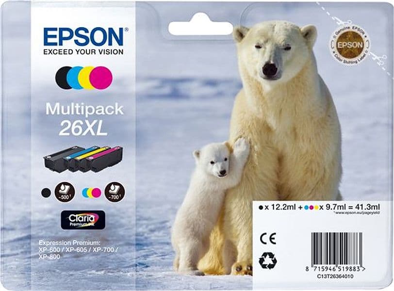 MULTIPACK 26XL N.4 CARTUCCE SERIE 26XL/ORSO POLARE NERO CIANO MAGENTA GIALLO – EPSON