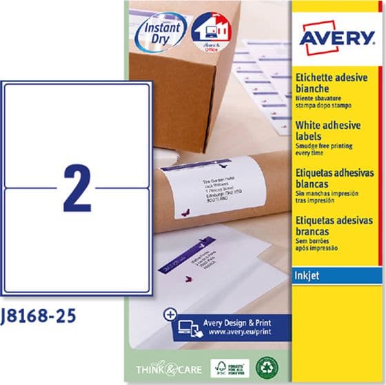 Etichetta adesiva J8168 bianca 25fg A4 199,6x143,5mm (2et/fg inkjet Avery