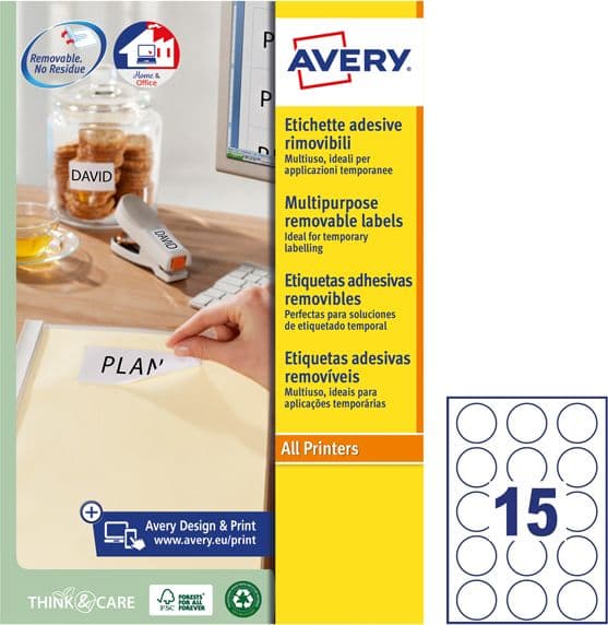 Etichette adesive rotonde rimovibili D51mm (15et/fg 25fg laser/inkjet Avery