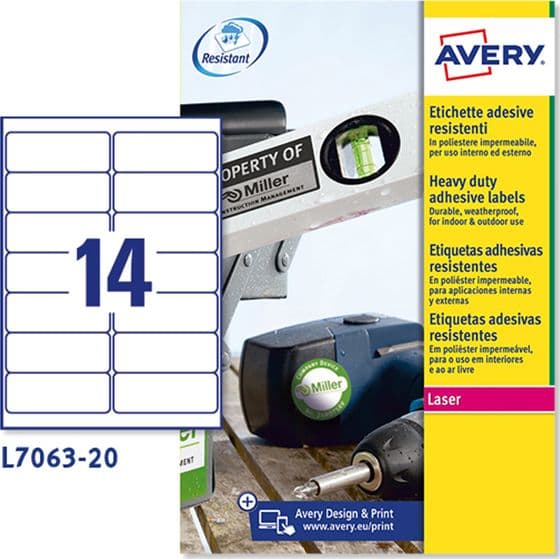Poliestere adesivo L7063 bianco 20fg A4 99,1x38,1mm (14et/fg laser Avery