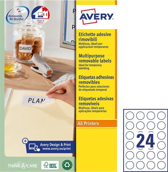 Etichette adesive rotonde rimovibili D37mm (24et/fg 25fg laser/inkjet Avery