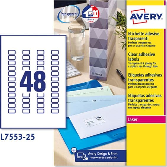 Poliestere adesivo L7553 trasparente 25fg A4 22x12,7mm (48et/fg laser Avery