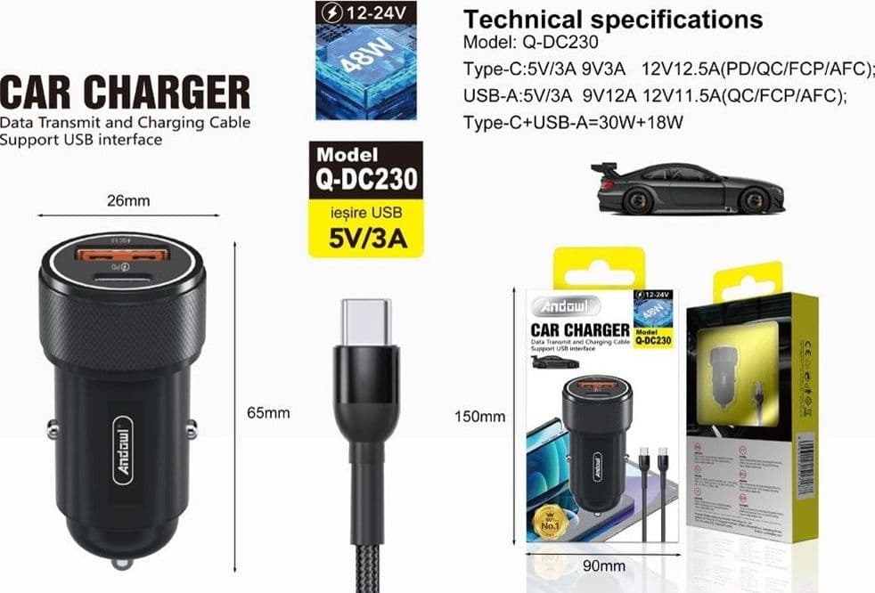CARICABATTERIA DA AUTO CON 2 PORTE PD+QC3.0 CAVO 1MT 12V/24V 48W RICARICA RAPIDA Q-DC230 - 2