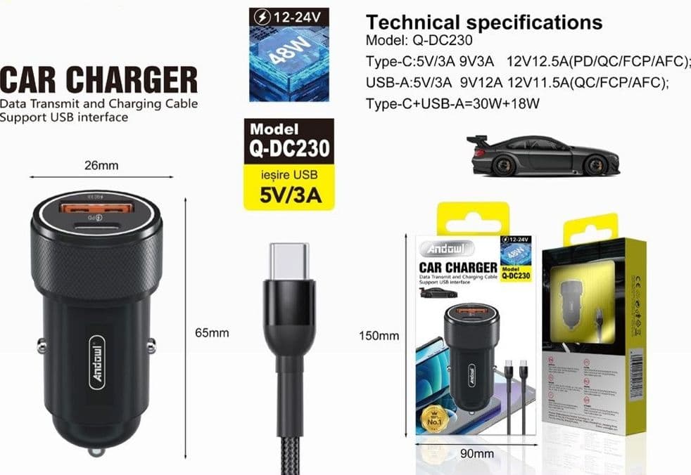 CARICABATTERIA DA AUTO CON 2 PORTE PD+QC3.0 CAVO 1MT 12V/24V 48W RICARICA RAPIDA Q-DC230 - 2