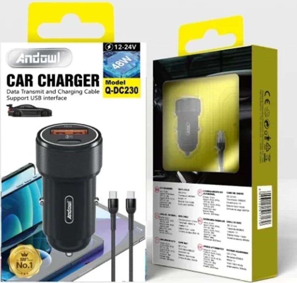 CARICABATTERIA DA AUTO CON 2 PORTE PD+QC3.0 CAVO 1MT 12V/24V 48W RICARICA RAPIDA Q-DC230 - 3