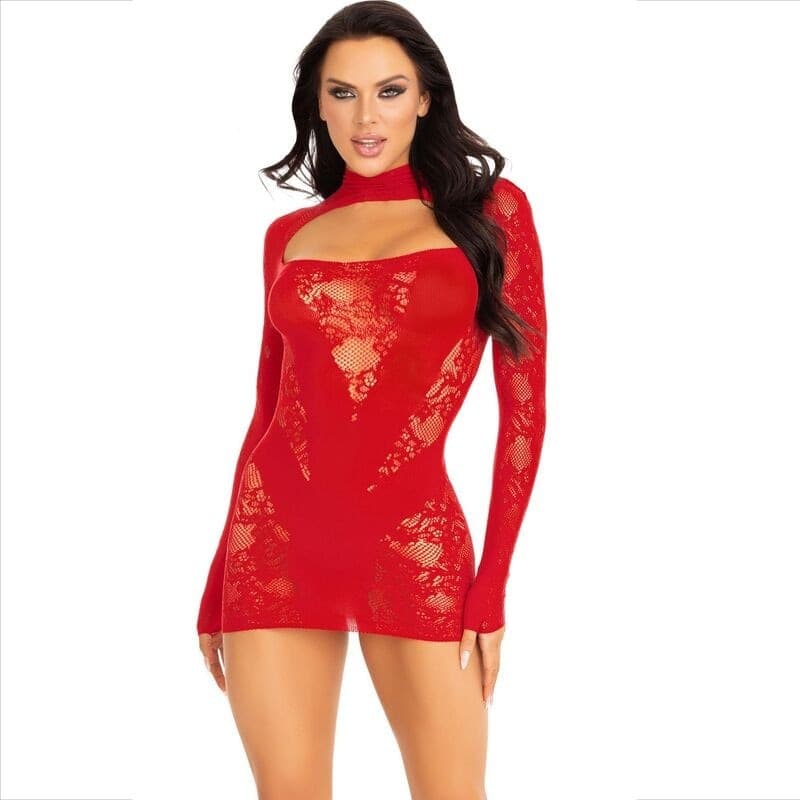 LEG AVENUE - MINI ABITO CON PIZZO MANICA LUNGA ROSSO - 6