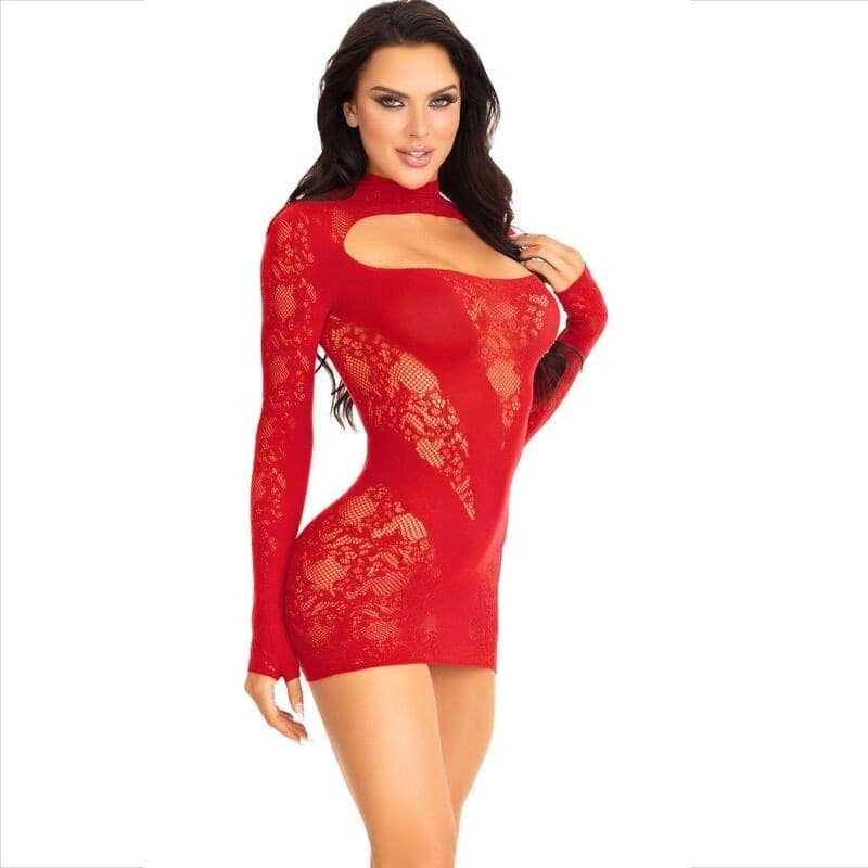 LEG AVENUE - MINI ABITO CON PIZZO MANICA LUNGA ROSSO - 7