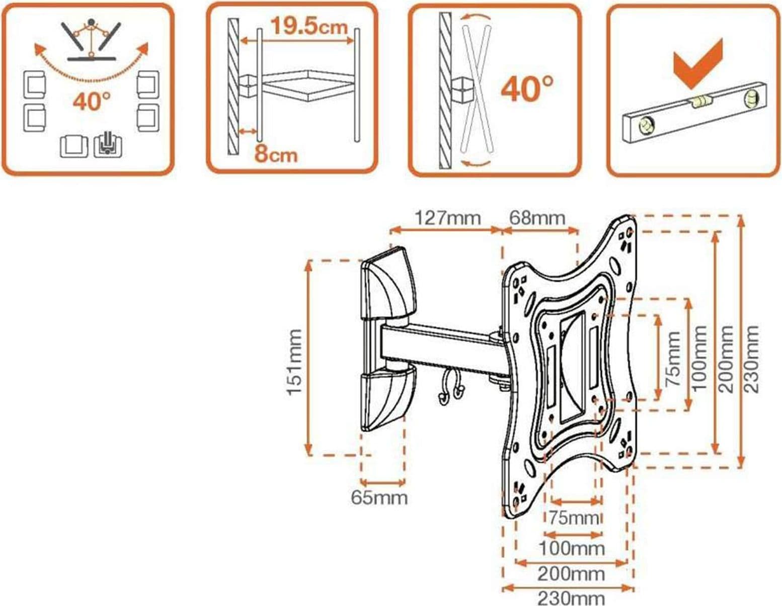 Mensola staffa porta tv 28/42" con braccio inclinabile bianco 451059 supporto da parete a muro metronic - 2