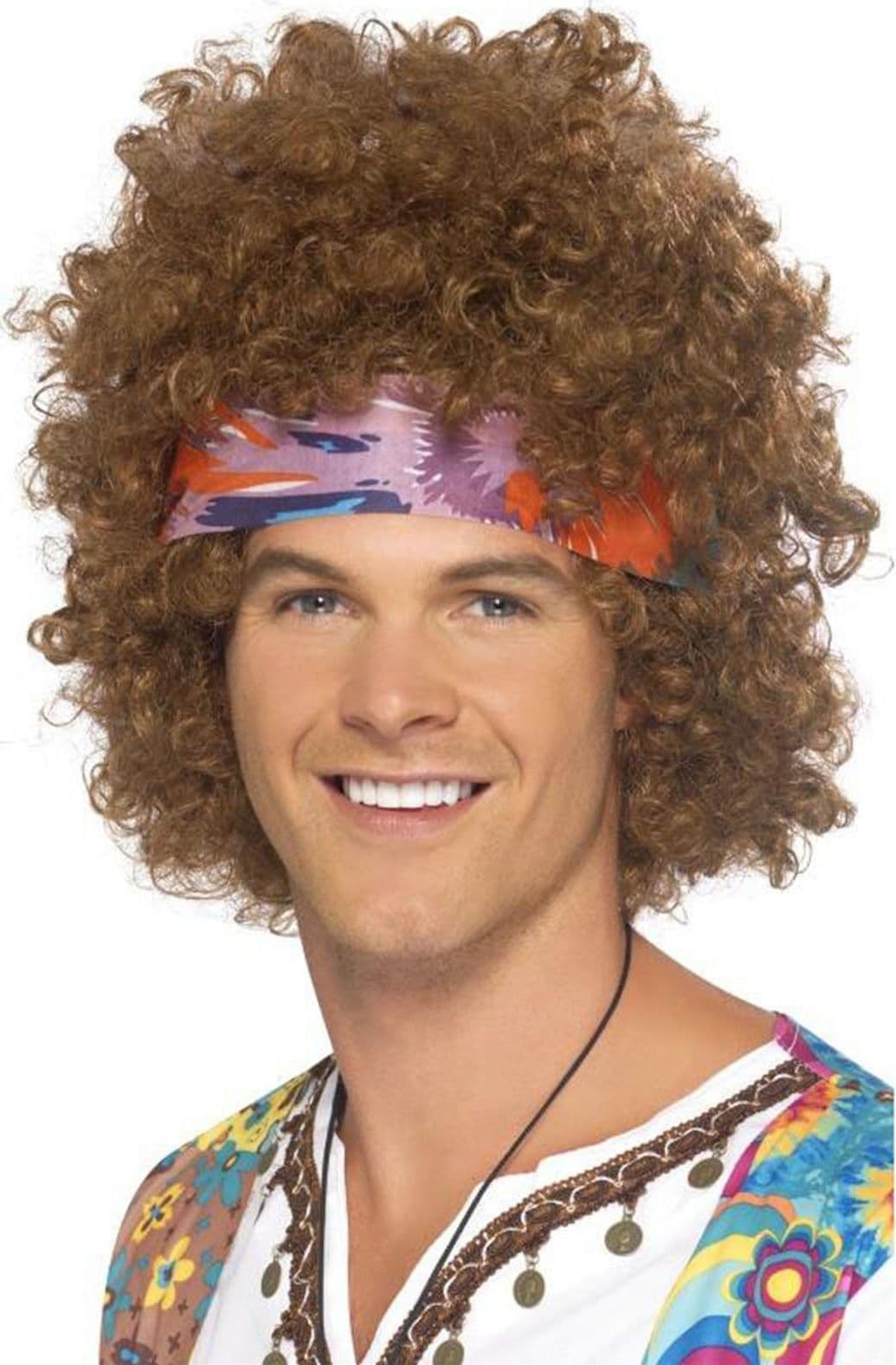 Maschera da uomo hippie parrucca capelli ricci con bandana colorata per carnevale - 2