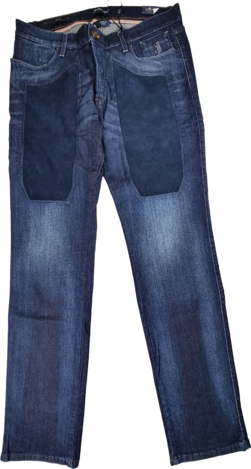 Jeans uomo Jeckerson - denim 5 tasche con toppe alcantara blu - 3