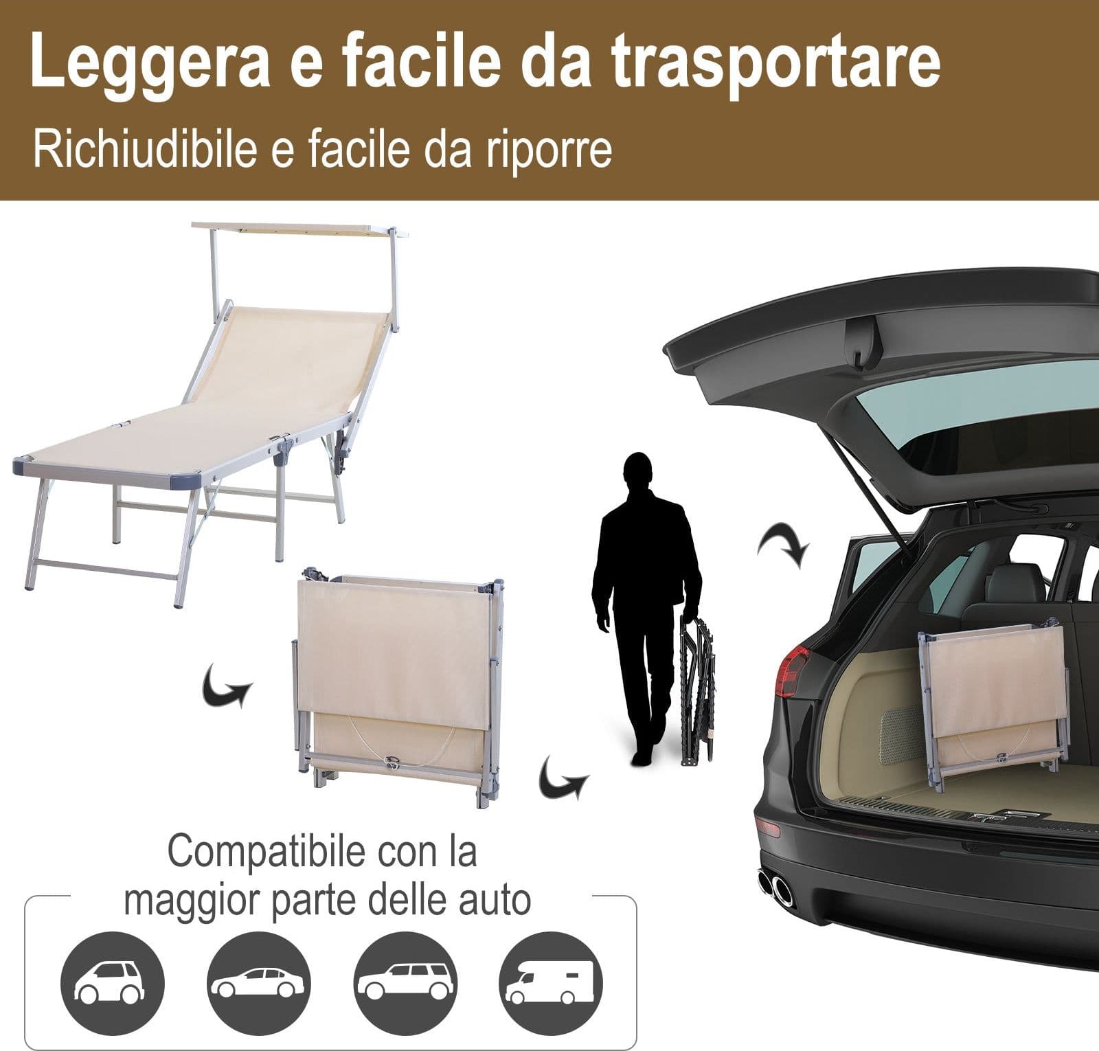 Lettino prendisole in alluminio "Capri Maxi" spiaggina pieghevole con tettuccio da mare - 6