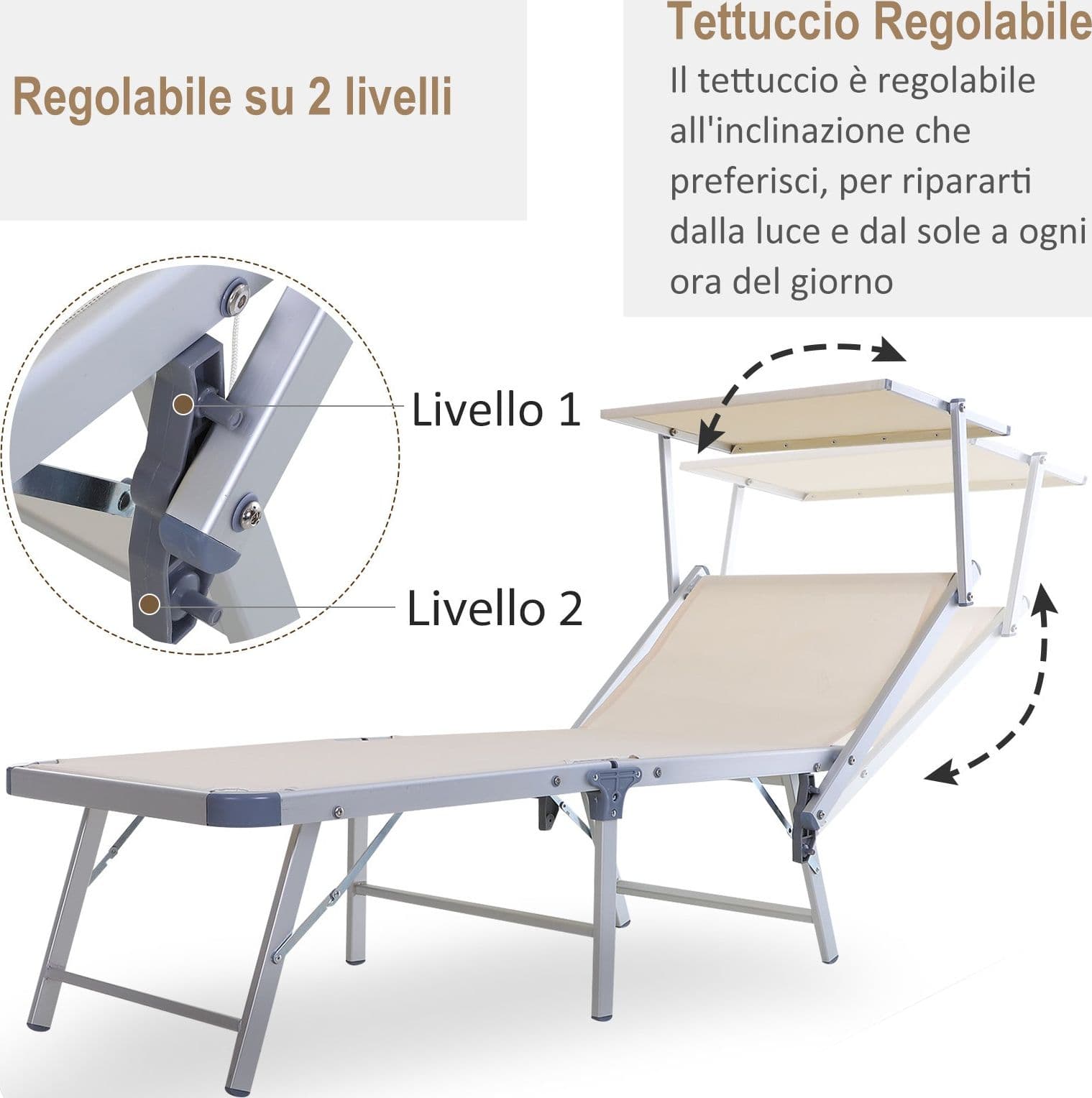 Lettino prendisole in alluminio "Capri Maxi" spiaggina pieghevole con tettuccio da mare - 8