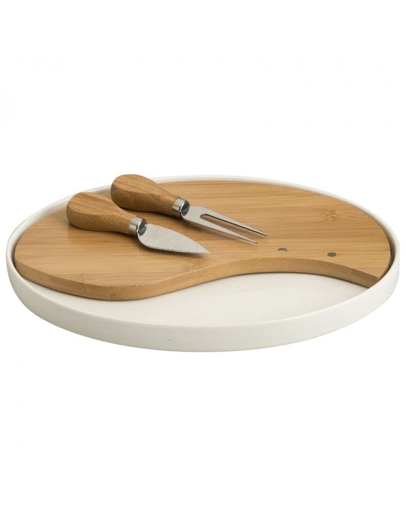 Tagliere formaggio in porcellana e bamboo con 2 coltelli formaggio in acciaio inox