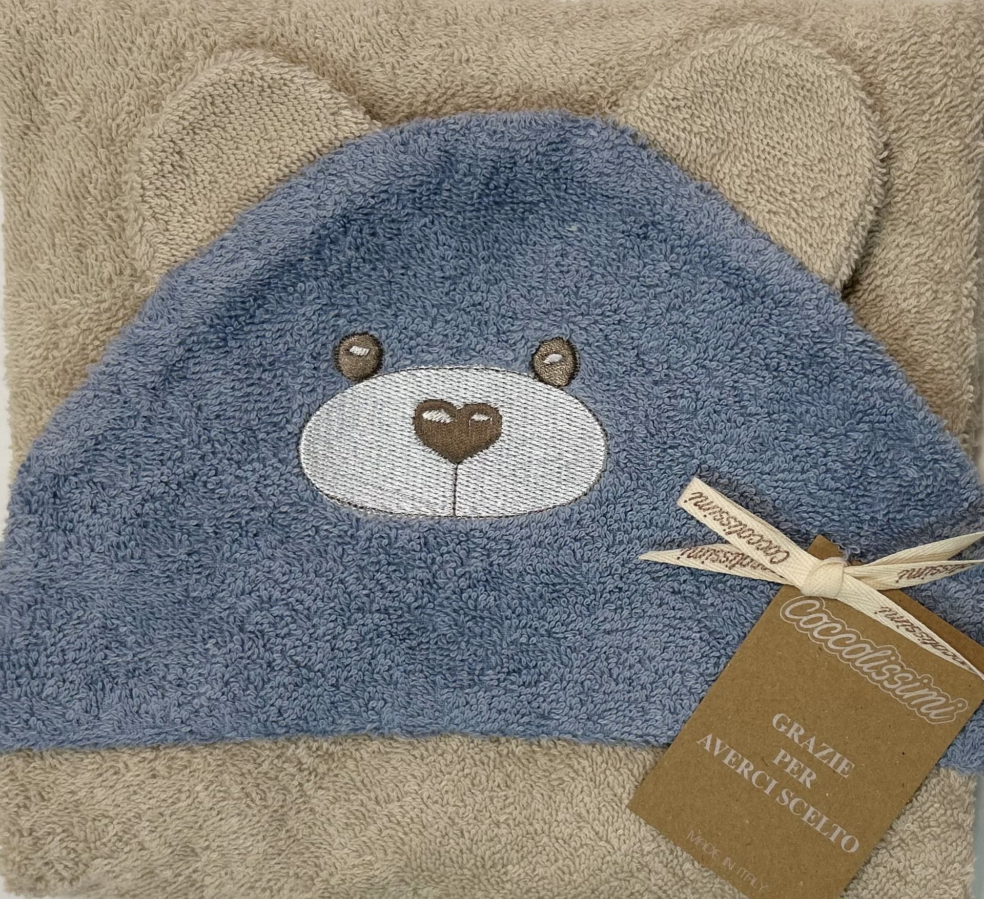 Accappatoio Triangolare Coccolissimi Teddy 100% Cotone – Tortora/Avion