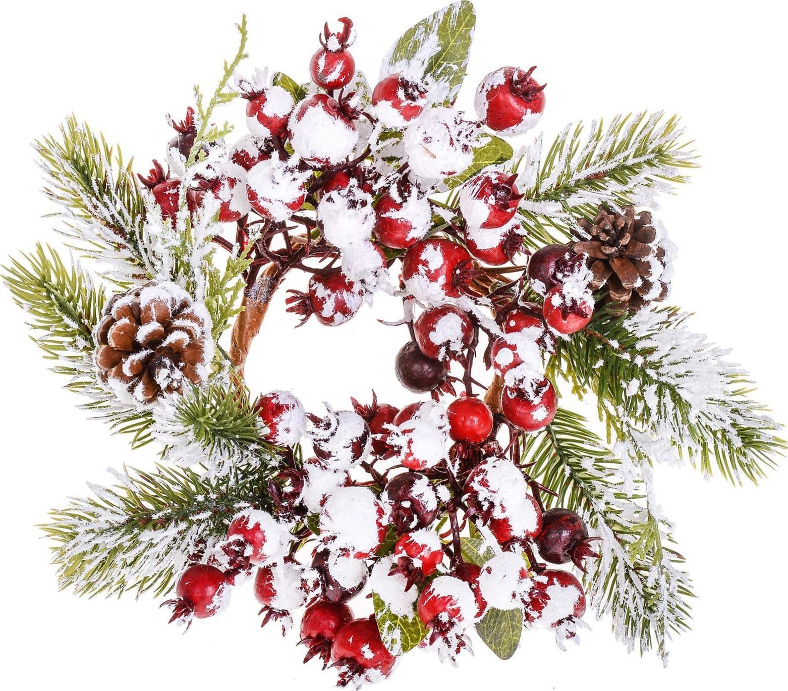 Centrotavola innevato natalizio decorazione con bacche rosse e pigne ø 26 cm - 4