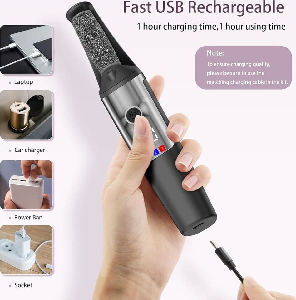 BACCHETTA 3IN1 RIMUOVI CALLI ELETTRICO LIMA RICARICABILE STRUMENTI PER PEDICURE MANICURE - 6