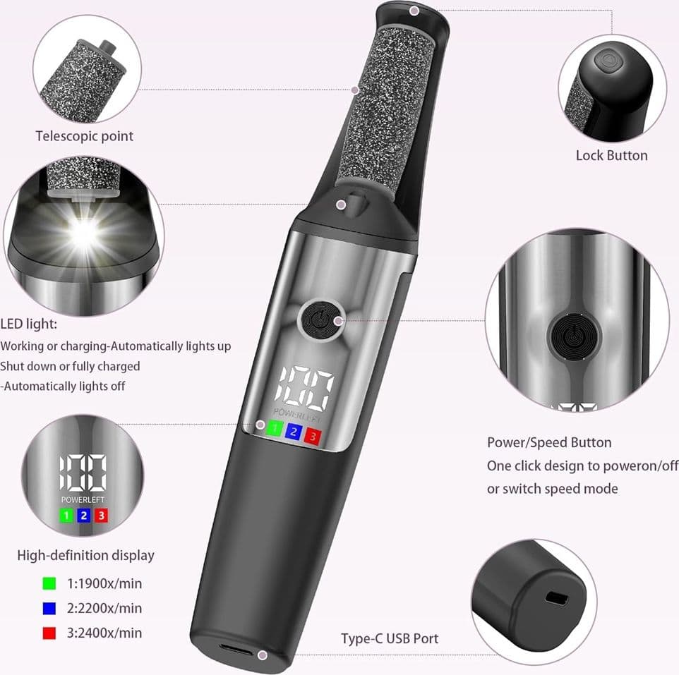 BACCHETTA 3IN1 RIMUOVI CALLI ELETTRICO LIMA RICARICABILE STRUMENTI PER PEDICURE MANICURE - 7