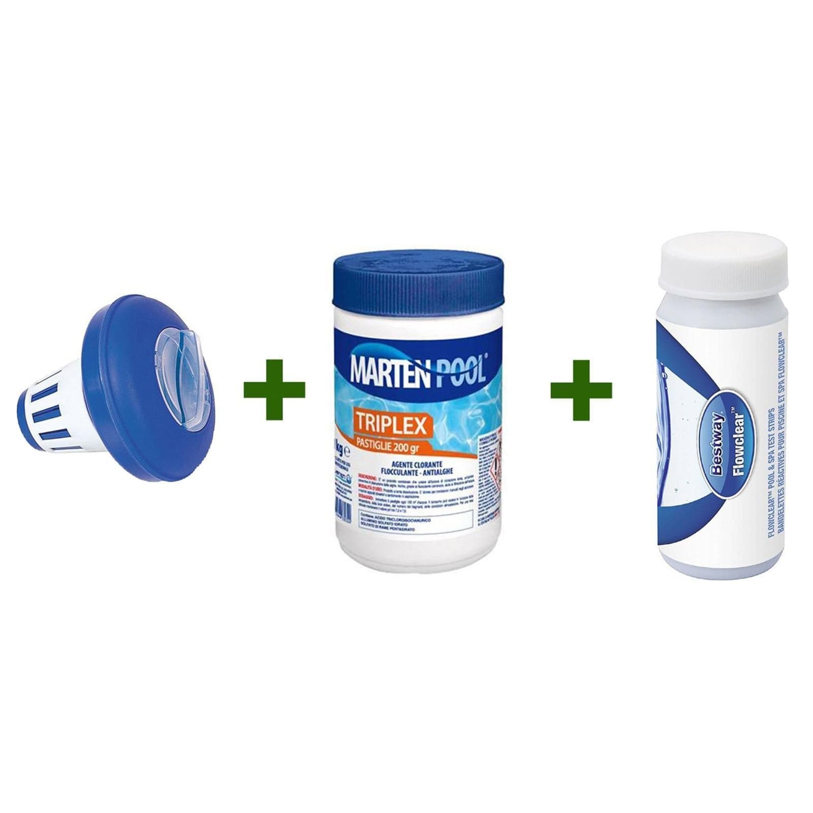 Kit di manutenzione per pulizia piscina kg 1 tris pastiglie antialghe cloro con dispenser e test piscine - 9