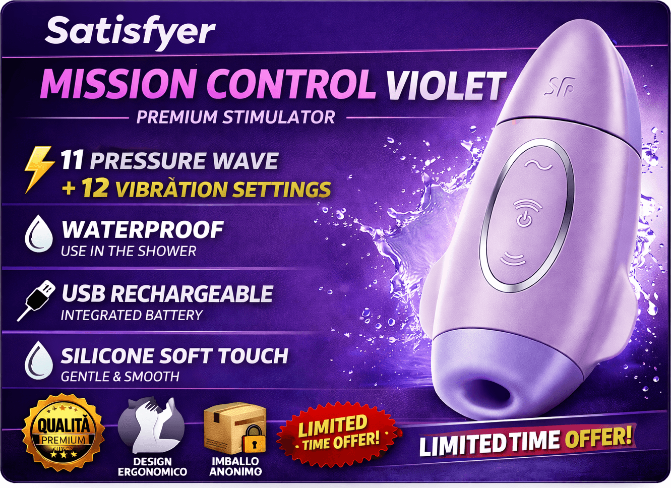 Stimolatore Mission Satisfyer clitorideo vaginale 11 onde di pressione + 12 vibrazioni - 7
