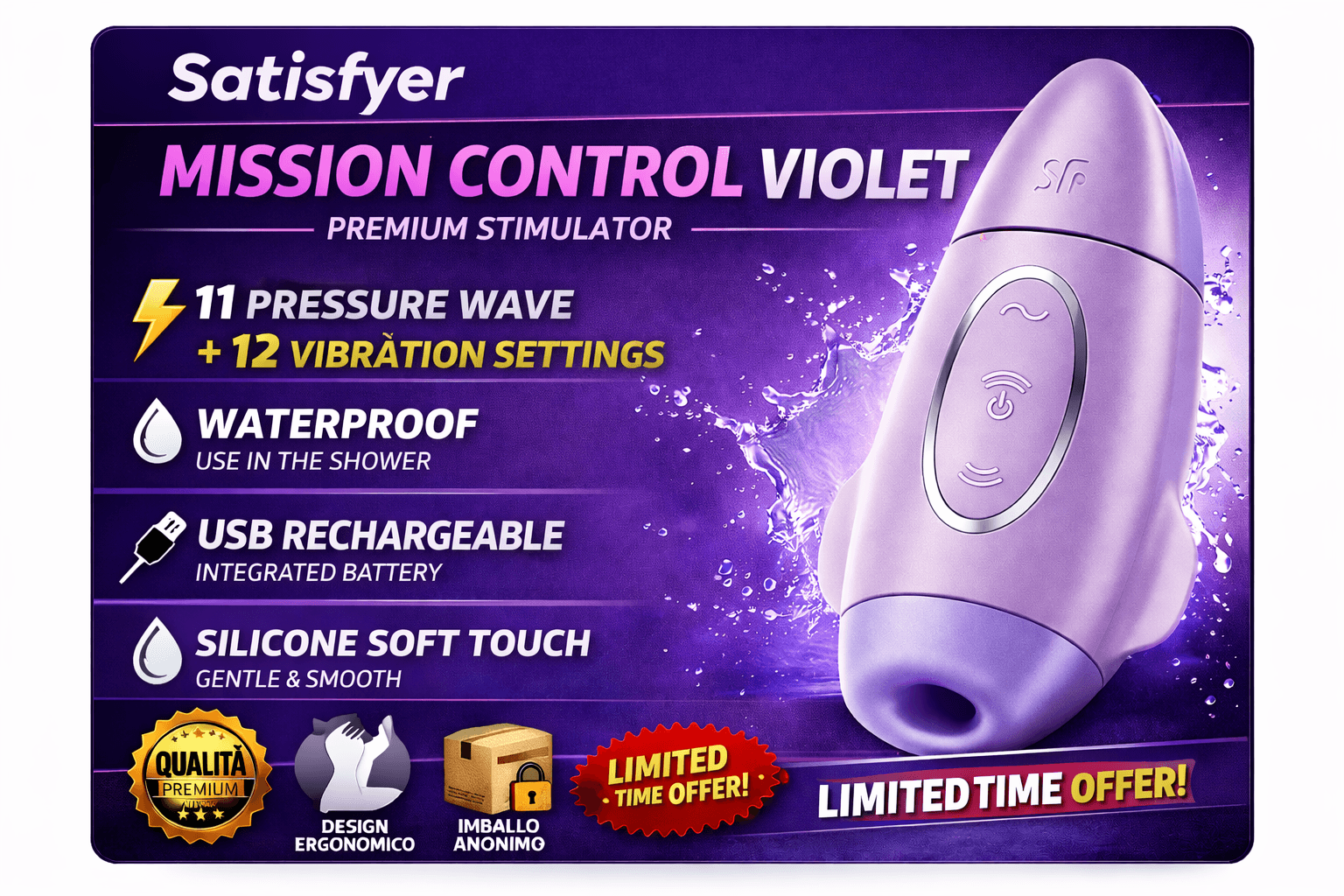 Stimolatore Mission Satisfyer clitorideo vaginale 11 onde di pressione + 12 vibrazioni - 7