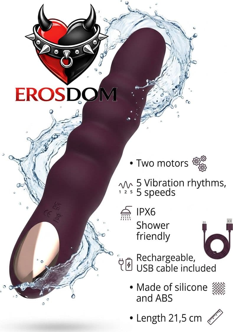 Vibratore vaginale Ribbed Power Vibe 21,5 cm 2 motori silicone morbido USB IPX6 - 7
