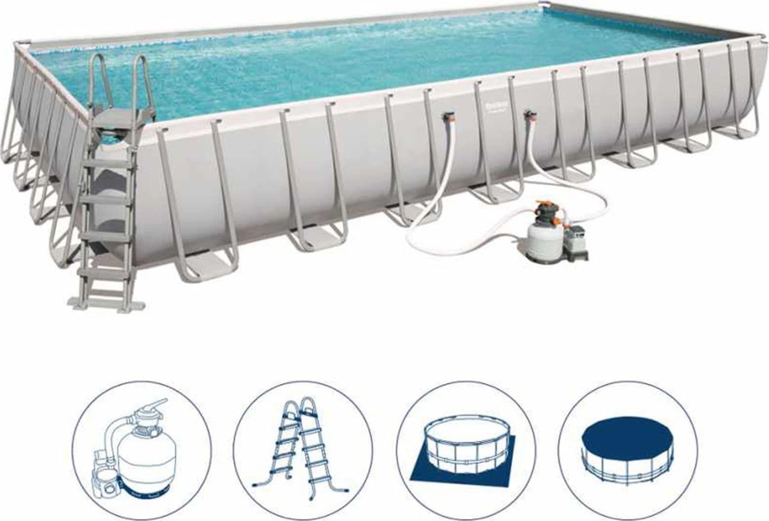Piscina rettangolare 956 x 488 cm h132 con filtro a sabbia e scaletta da giardino e veranda - 2
