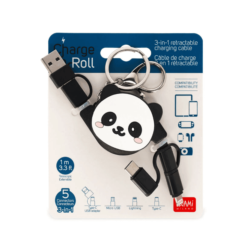 Legami - Cavo di Ricarica 3 in 1 Retrattile - Charge 'N Roll a tema Panda - 4