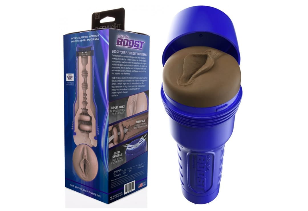 Fleshlight Boost Bang medium dark vagina Masturbatore Uomo SuperSkin/TPE Custodia Blu - 15