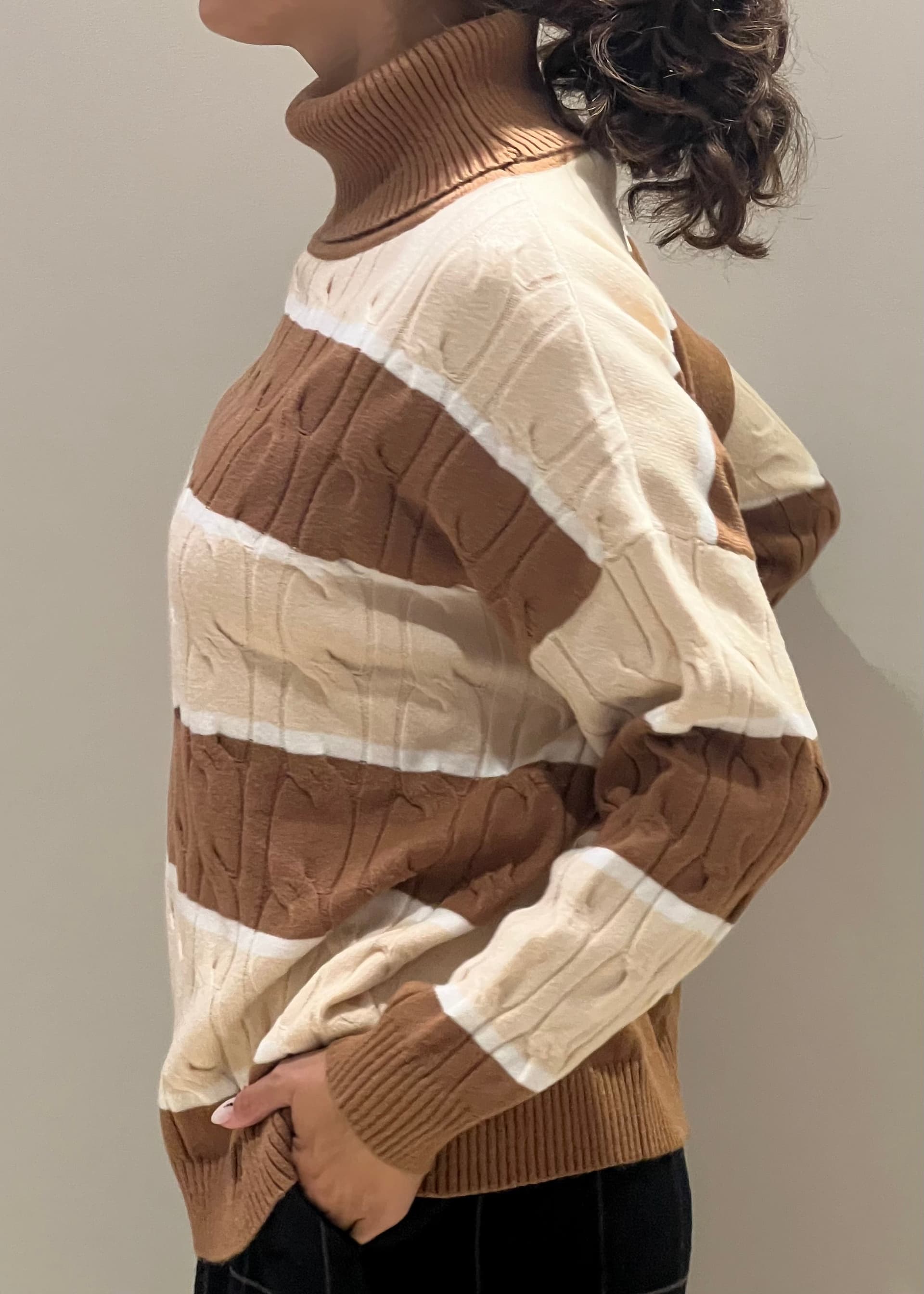 Pull dolcevita con righe trecce naturale - 3