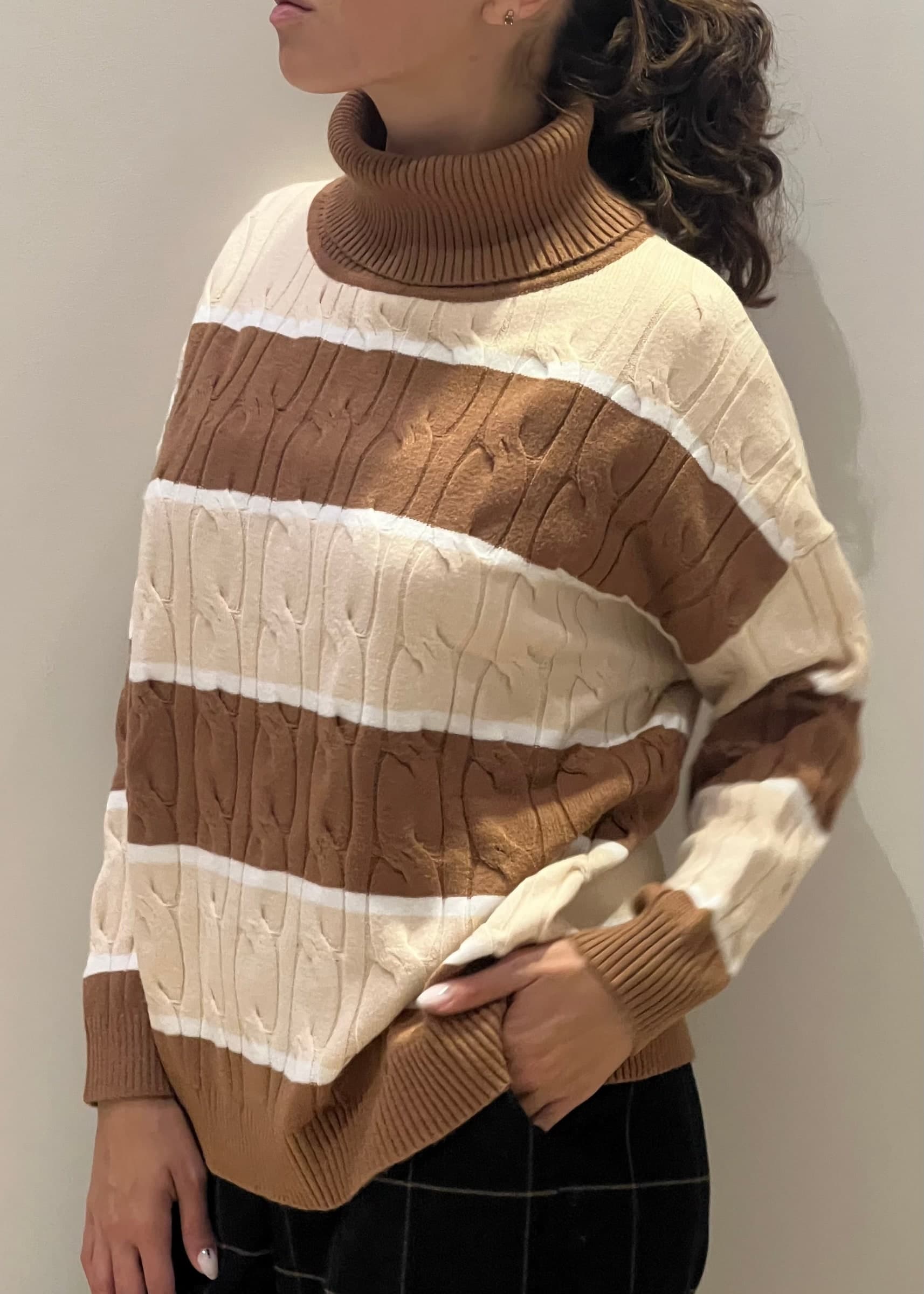Pull dolcevita con righe trecce naturale - 4