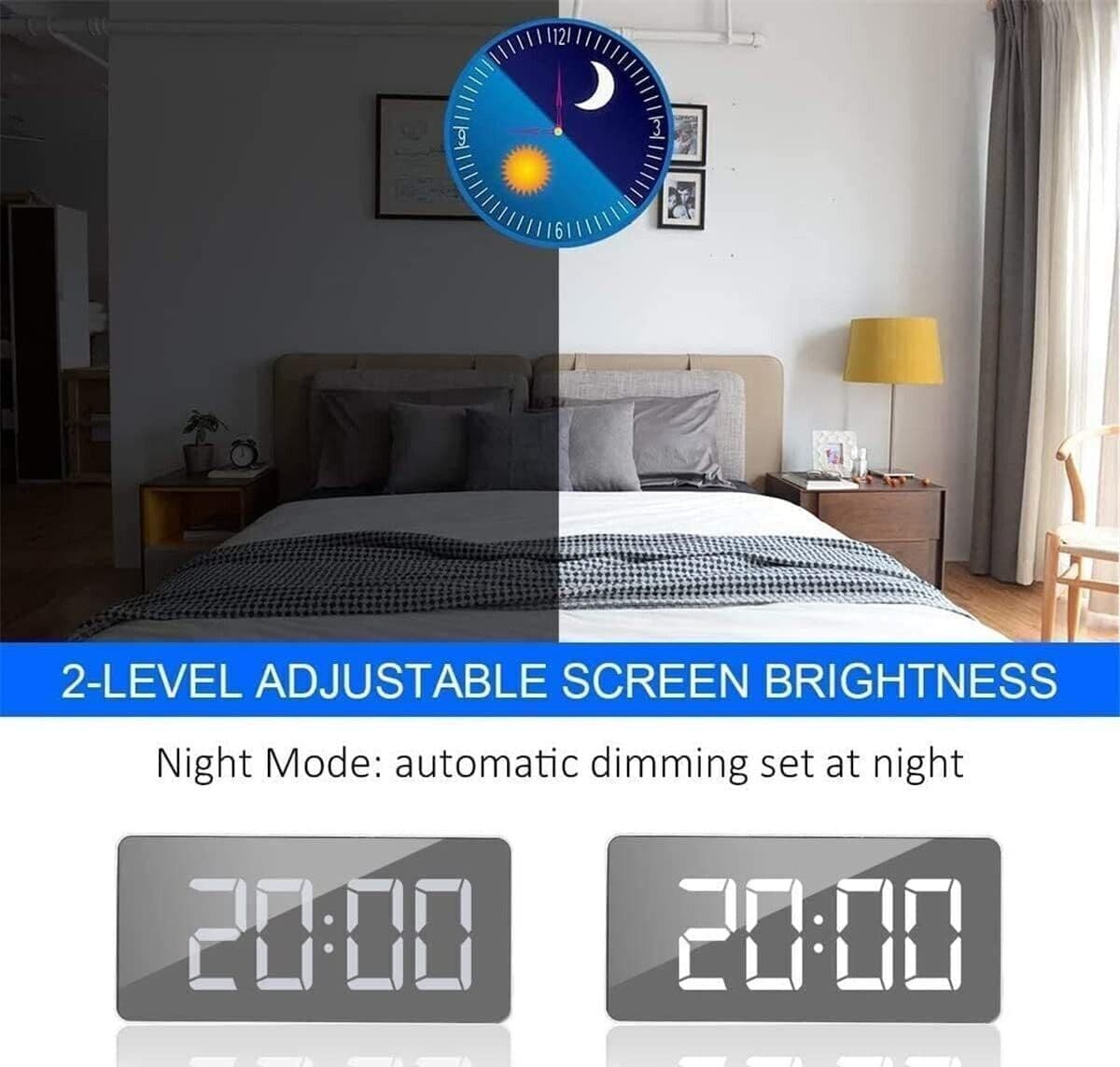 Sveglia a specchio digitale a LED con temperatura e calendario, snooze - 3