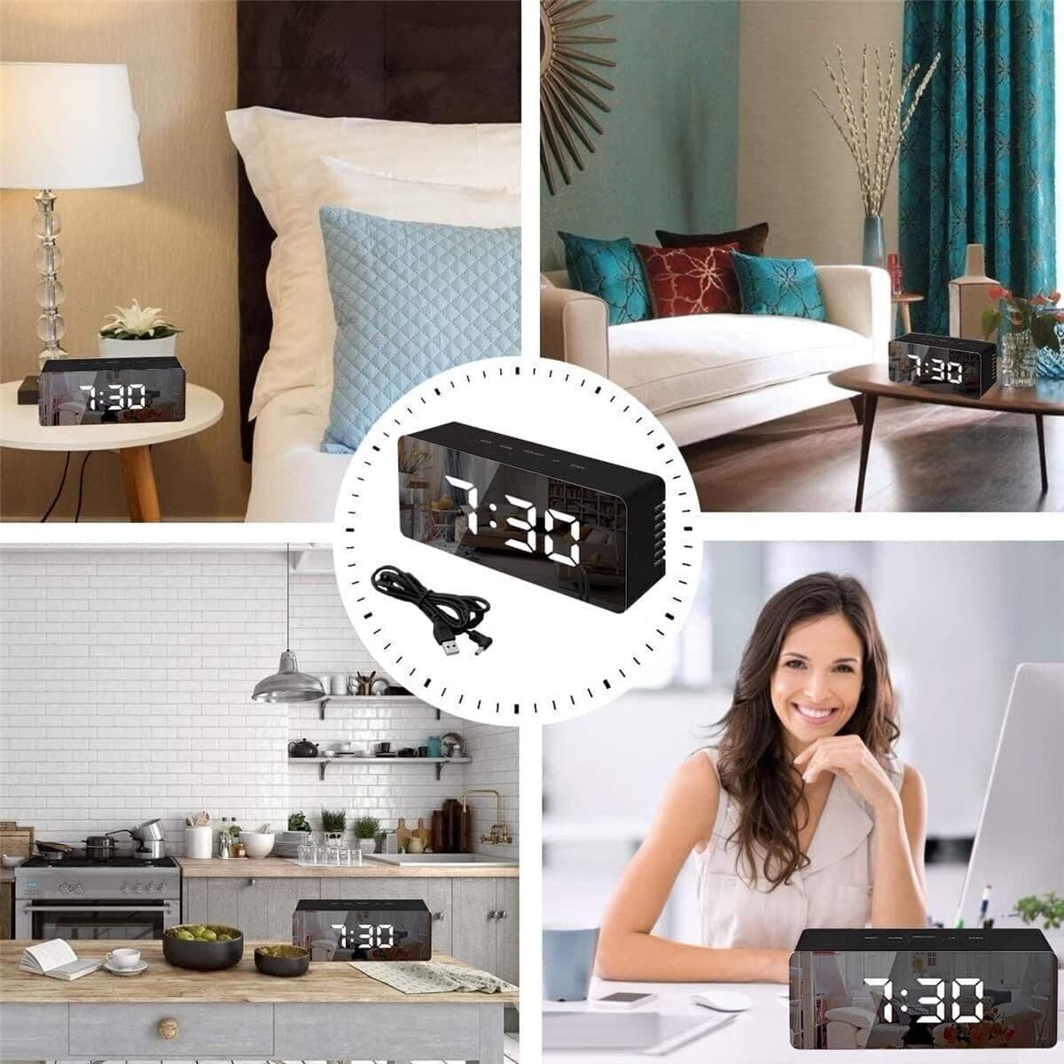 Sveglia a specchio digitale a LED con temperatura e calendario, snooze - 4