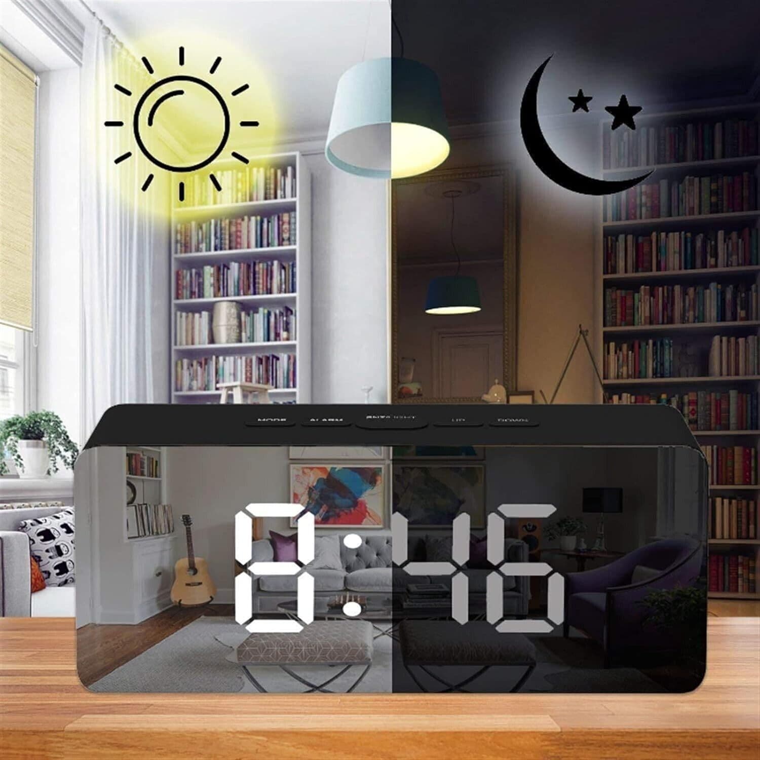 Sveglia a specchio digitale a LED con temperatura e calendario, snooze - 5