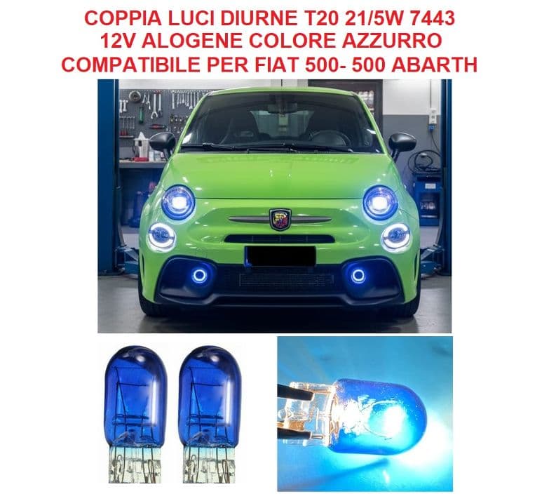 Luci Diurne Azzurre Effetto Xenon per FIAT 500 / ABARTH - Lampade Alogene T20/5W 7443 12V - Look Sportivo e D'Impatto - 3