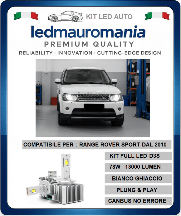 KIT LED D3S 78W RANGE ROVER SPORT 2010 XENON A LED CANBUS BIANCO FREDDO 6000K ZERO ERRORI CANBUS - 7