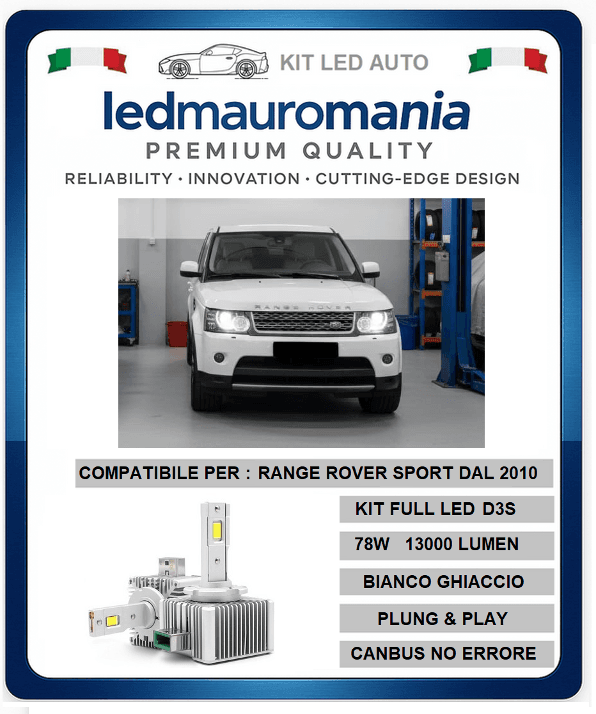 KIT LED D3S 78W RANGE ROVER SPORT 2010 XENON A LED CANBUS BIANCO FREDDO 6000K ZERO ERRORI CANBUS - 7
