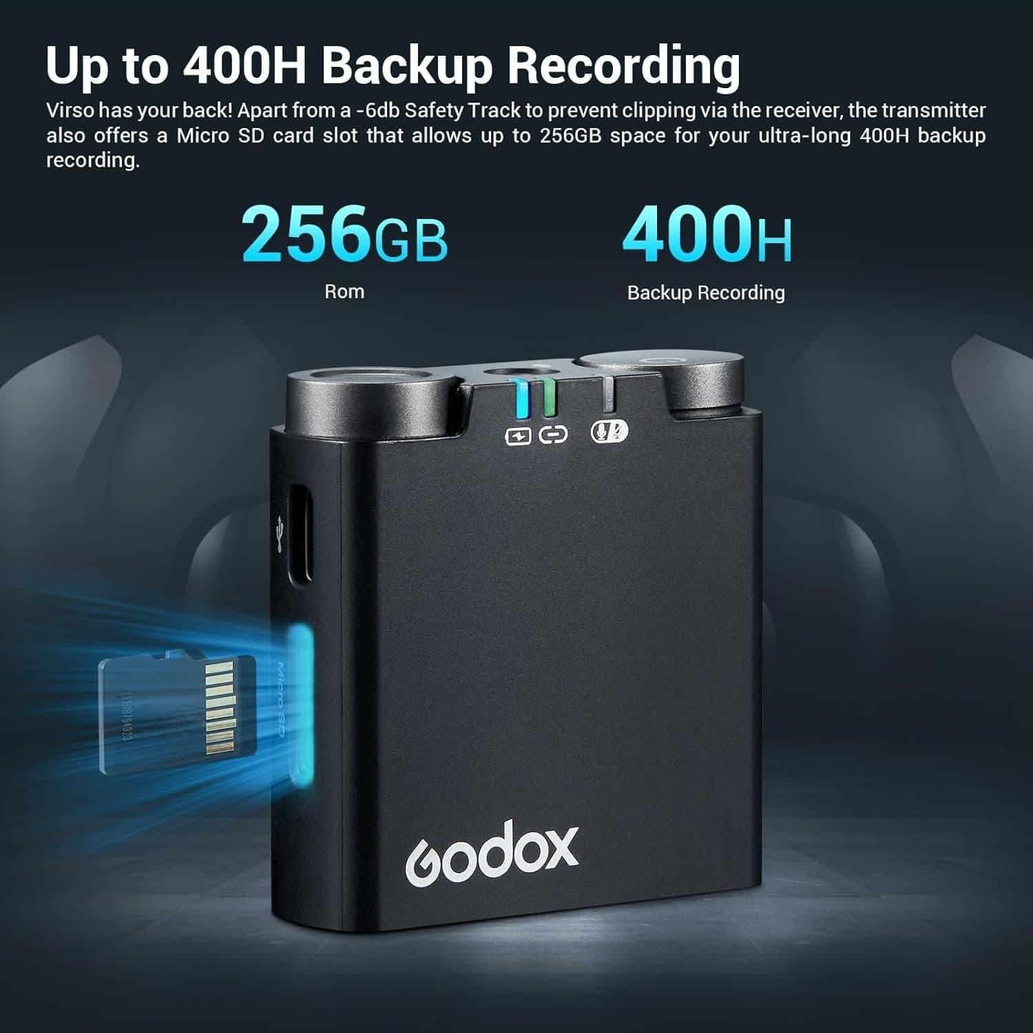 Godox Virso S M2 2,4 GHz Sistema microfonico wireless per fotocamera Sony,Portata 200 m,registrazione interna - 3