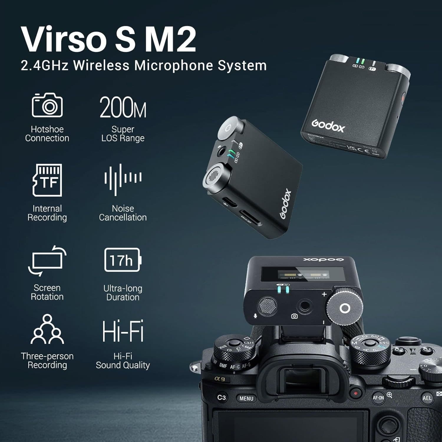 Godox Virso S M2 2,4 GHz Sistema microfonico wireless per fotocamera Sony,Portata 200 m,registrazione interna - 4
