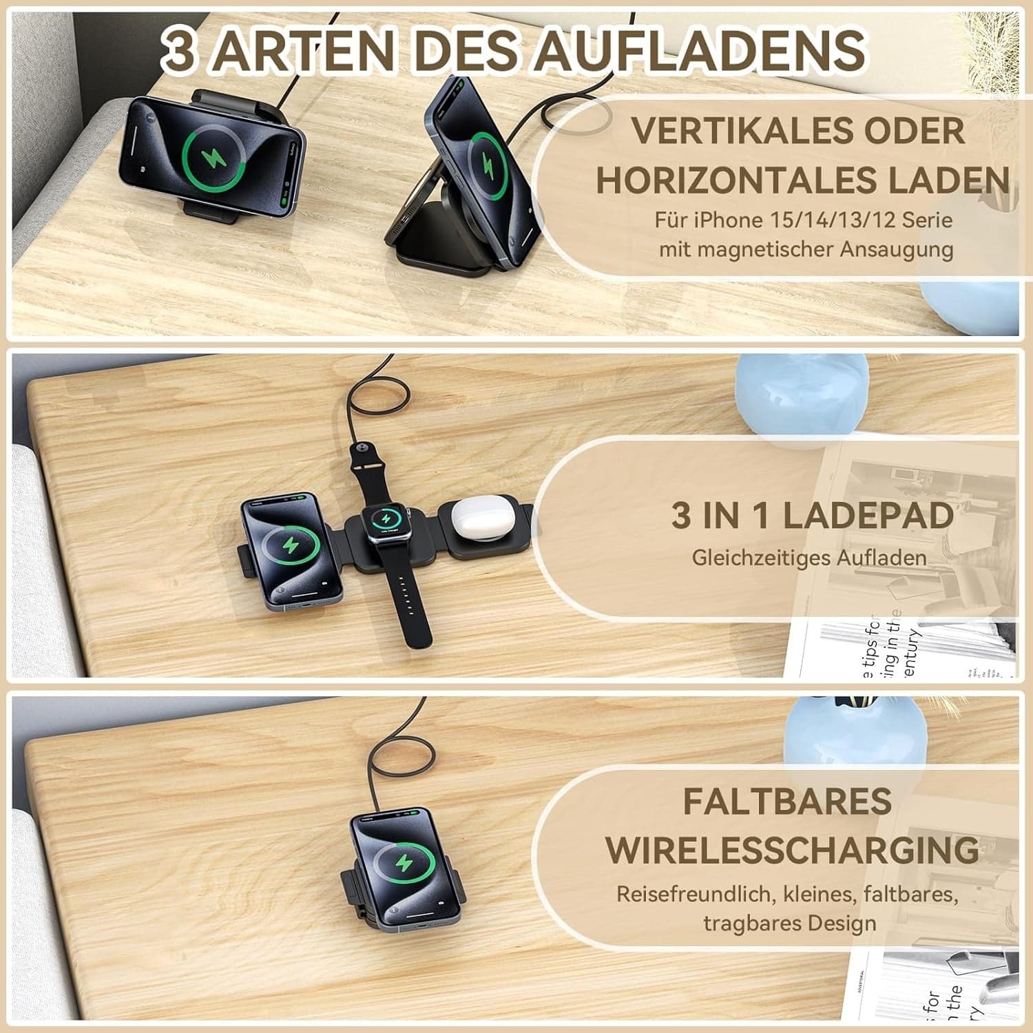 Caricabatterie wireless pieghevole 3 in 1 wireless magnetico per prodotti Apple - 5