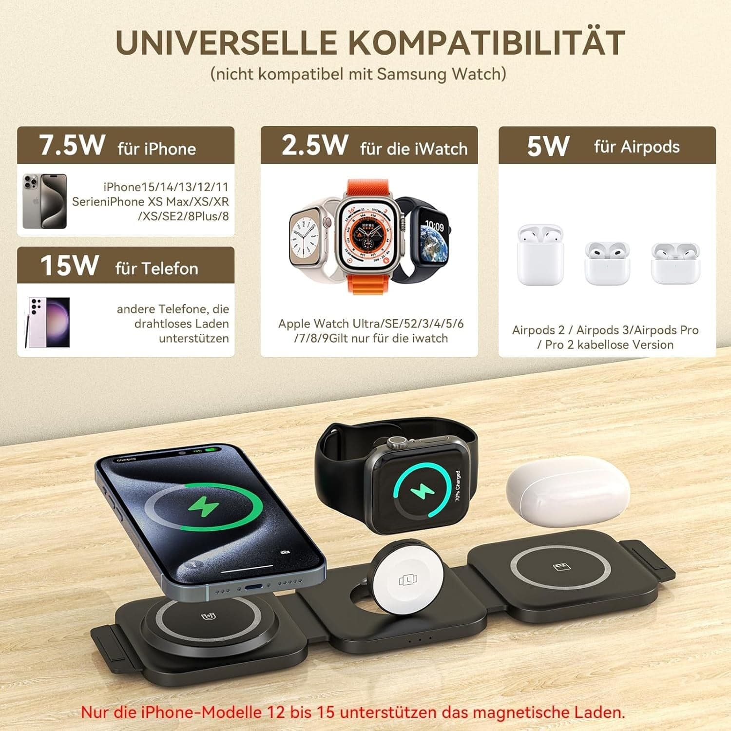 Caricabatterie wireless pieghevole 3 in 1 wireless magnetico per prodotti Apple - 6