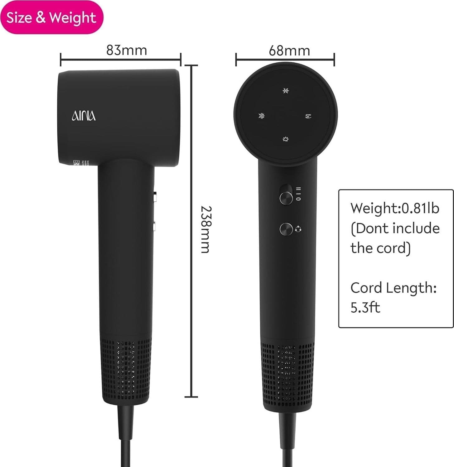 Asciugacapelli AINA con diffusore, pettine, ugello per donne, motore brushless, - 3