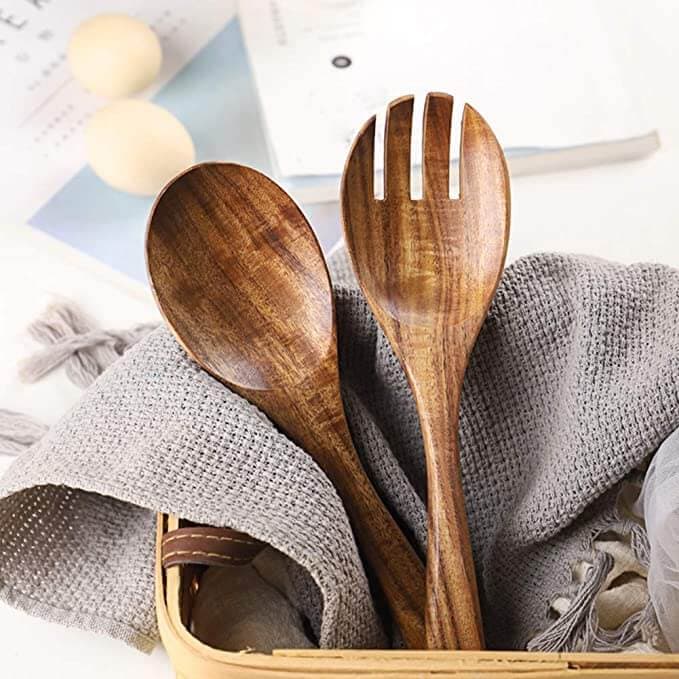 Set 2 Pezzi Servitori di Insalata Cucchiaio Forchetta in Legno - 3