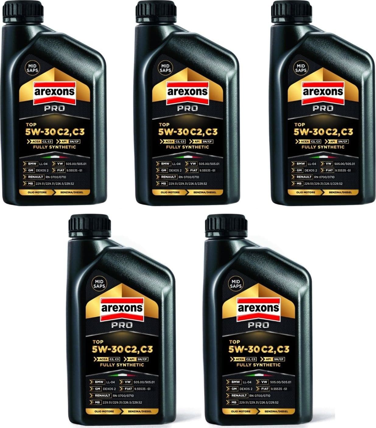 Arexons 5 Litri Olio Auto Pro 5w-30 C2/c3 Benzina/diesel (5 confezioni da 1 Litro)