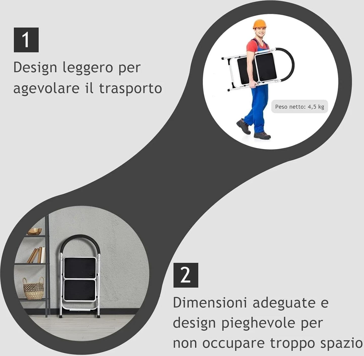 Scaletta Sgabello Pieghevole Antiscivolo 2 Gradini 150KG - Maniglione Ergonomico - 2