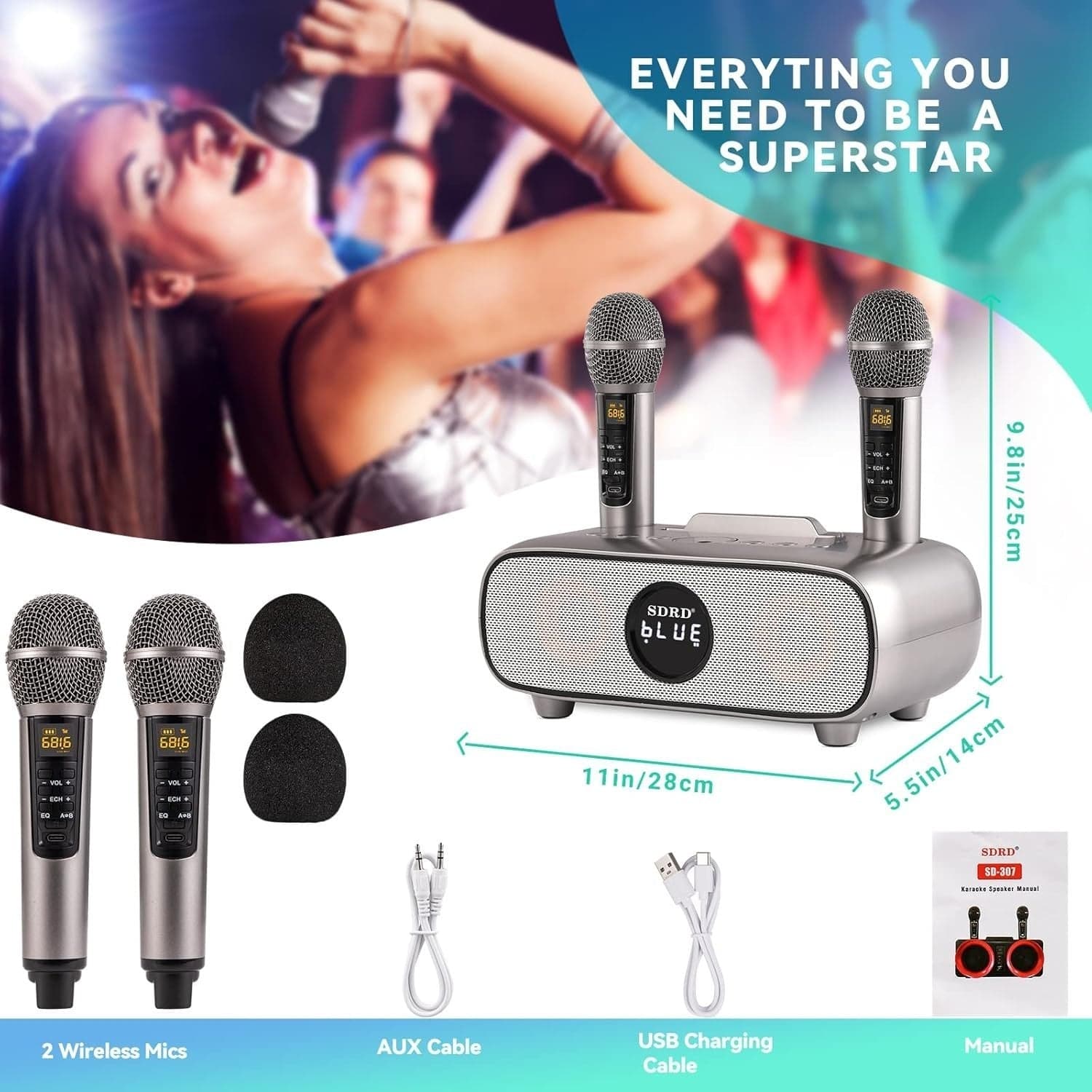 Altoparlante Bluetooth per karaoke, karaoke con 2 microfoni wireless UHF - 2