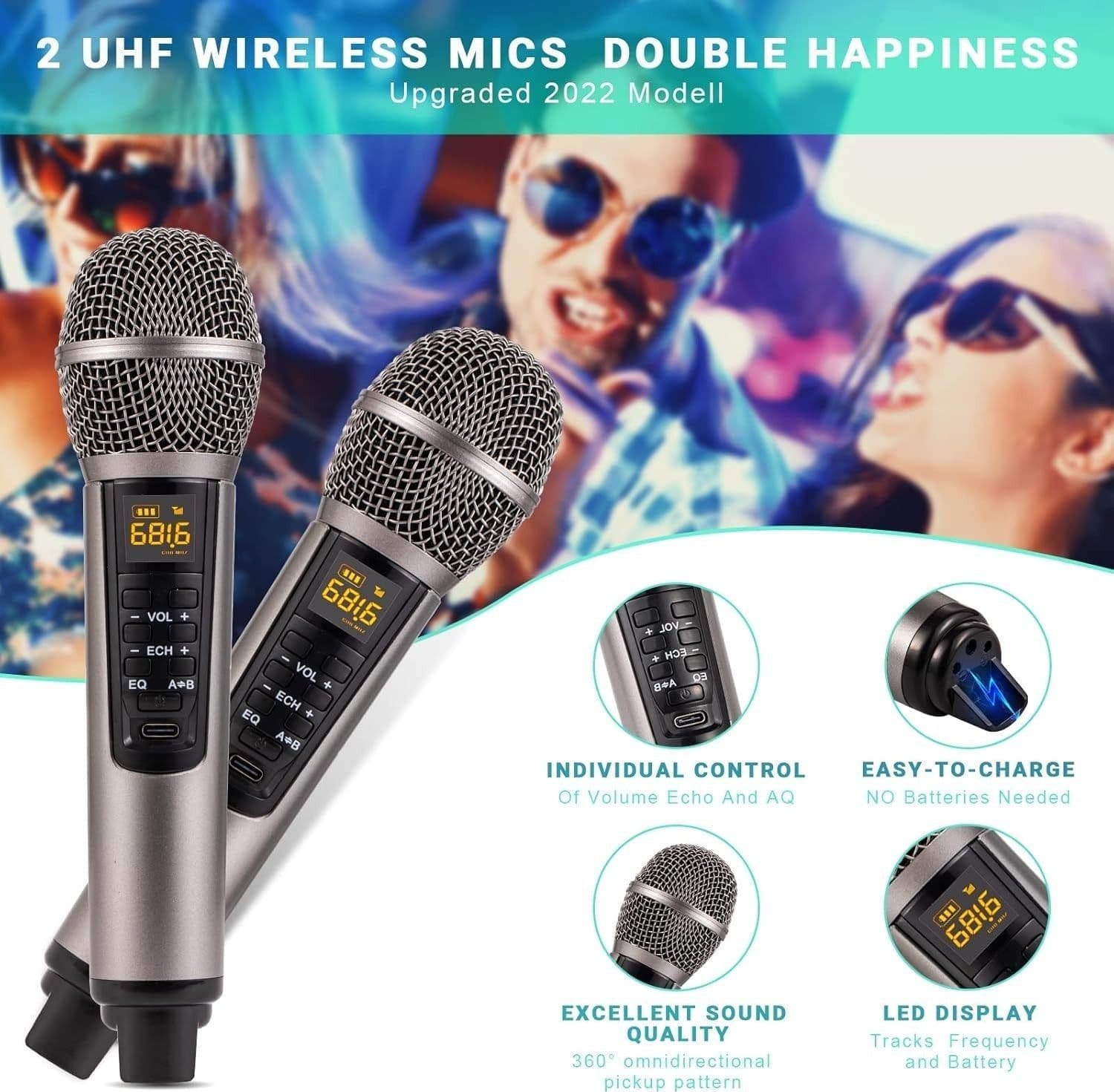 Altoparlante Bluetooth per karaoke, karaoke con 2 microfoni wireless UHF - 3