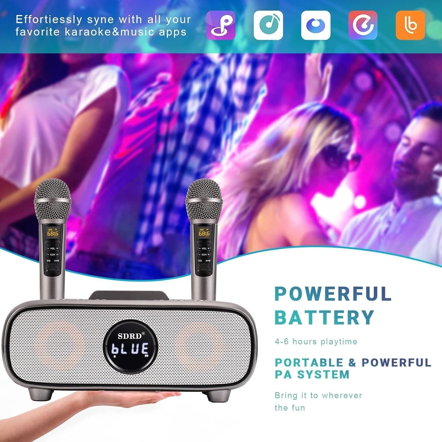 Altoparlante Bluetooth per karaoke, karaoke con 2 microfoni wireless UHF - 4